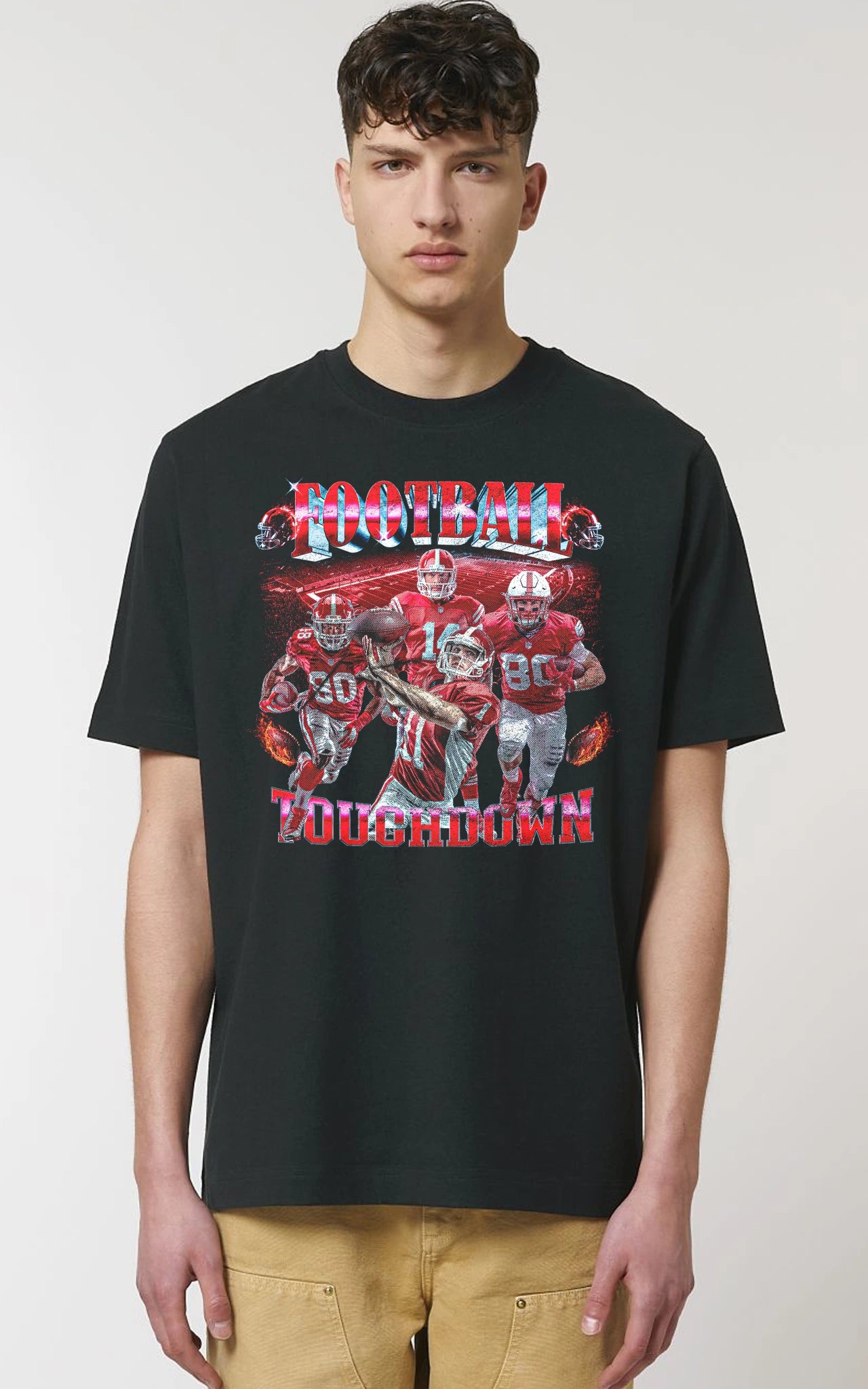 schwarzes 90s Vintage Bootleg T-Shirt American Football Touchdown