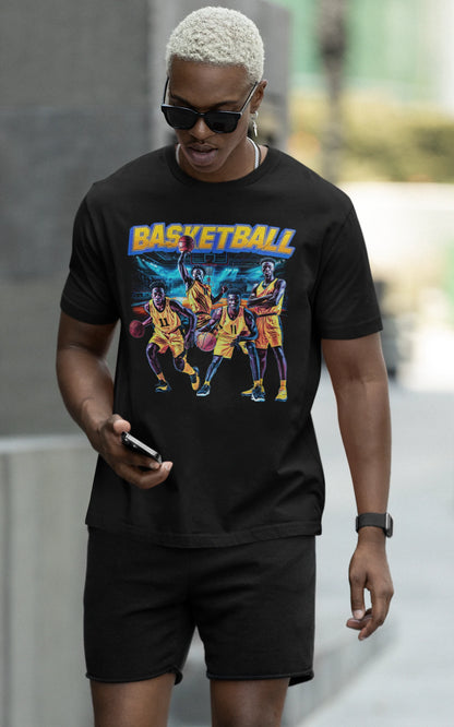 schwarzes 90er Jahre Vintage Bootleg T-Shirt - Basketball-Motiv 