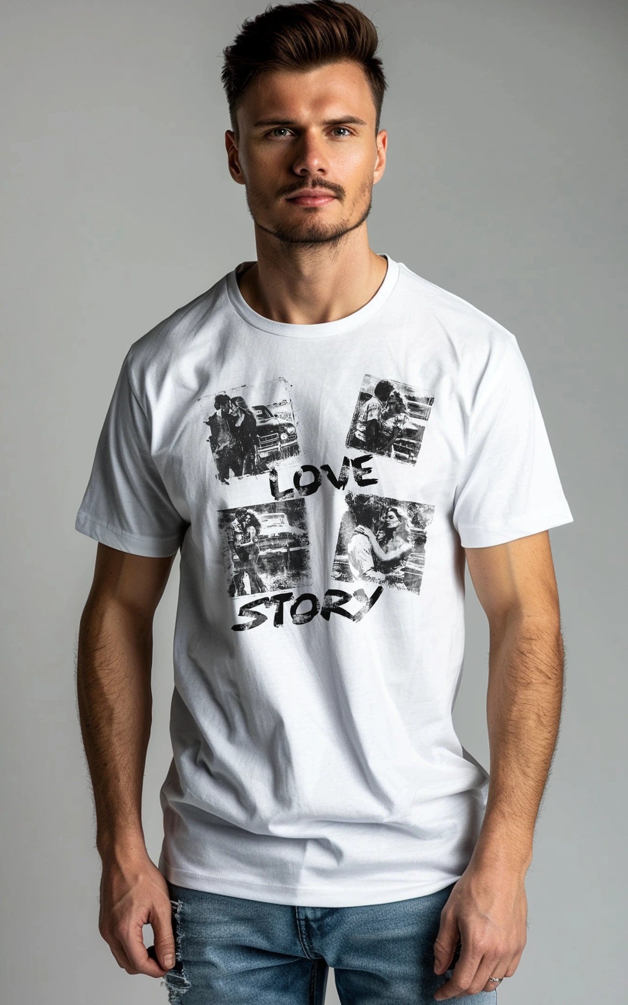 weißes 90s Vintage T-Shirt Love Story schwarz-weißer Frontprint