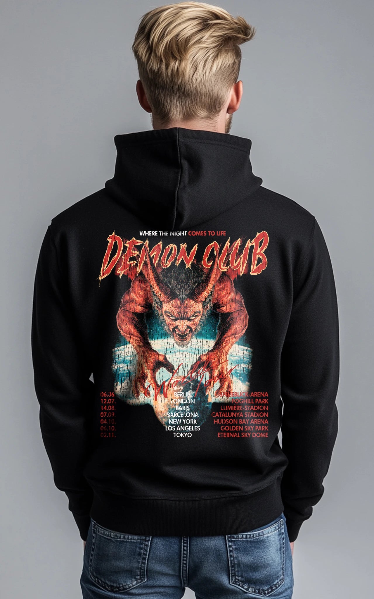 Schwarzer Demon Club World Tour Hoodie aus 100 % Bio-Baumwolle – rebellischer Kapuzenpullover