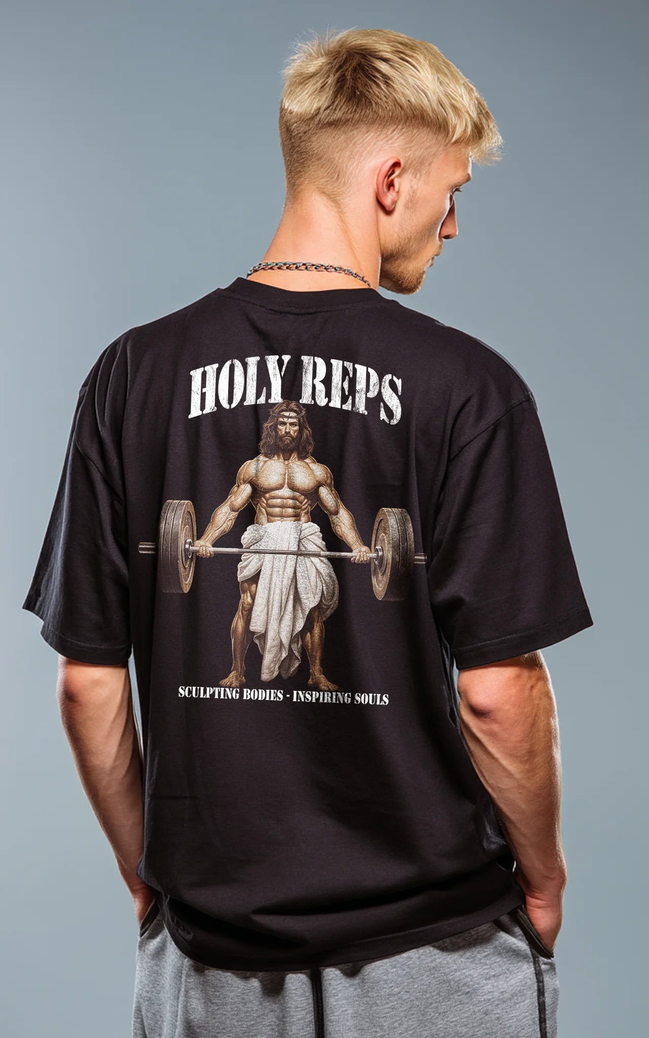 Holy Reps schwarzes T-Shirt mit Jesus Bodybuilder Backprint und Slogan 'Sculpting bodies inspiring souls'