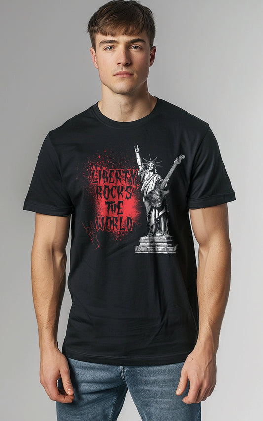 Liberty Rocks the World - Rock Konzert T-Shirt mit Freiheitsstatue als Gitarrenspieler
