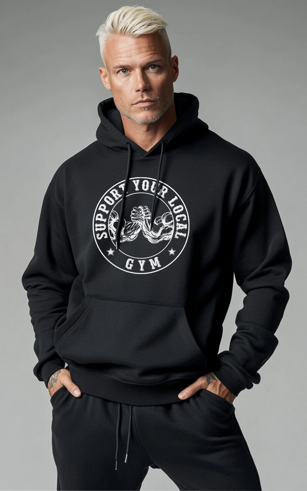 Statement Hoodie Support Your Local Gym - Schwarzer Premium Kapuzenpullover mit Frontprint
