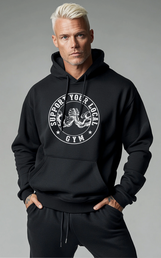 Statement Hoodie Support Your Local Gym - Schwarzer Premium Kapuzenpullover mit Frontprint