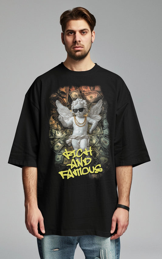 schwarzes Oversized T-Shirt Rich and Famous mit Engel-Motiv