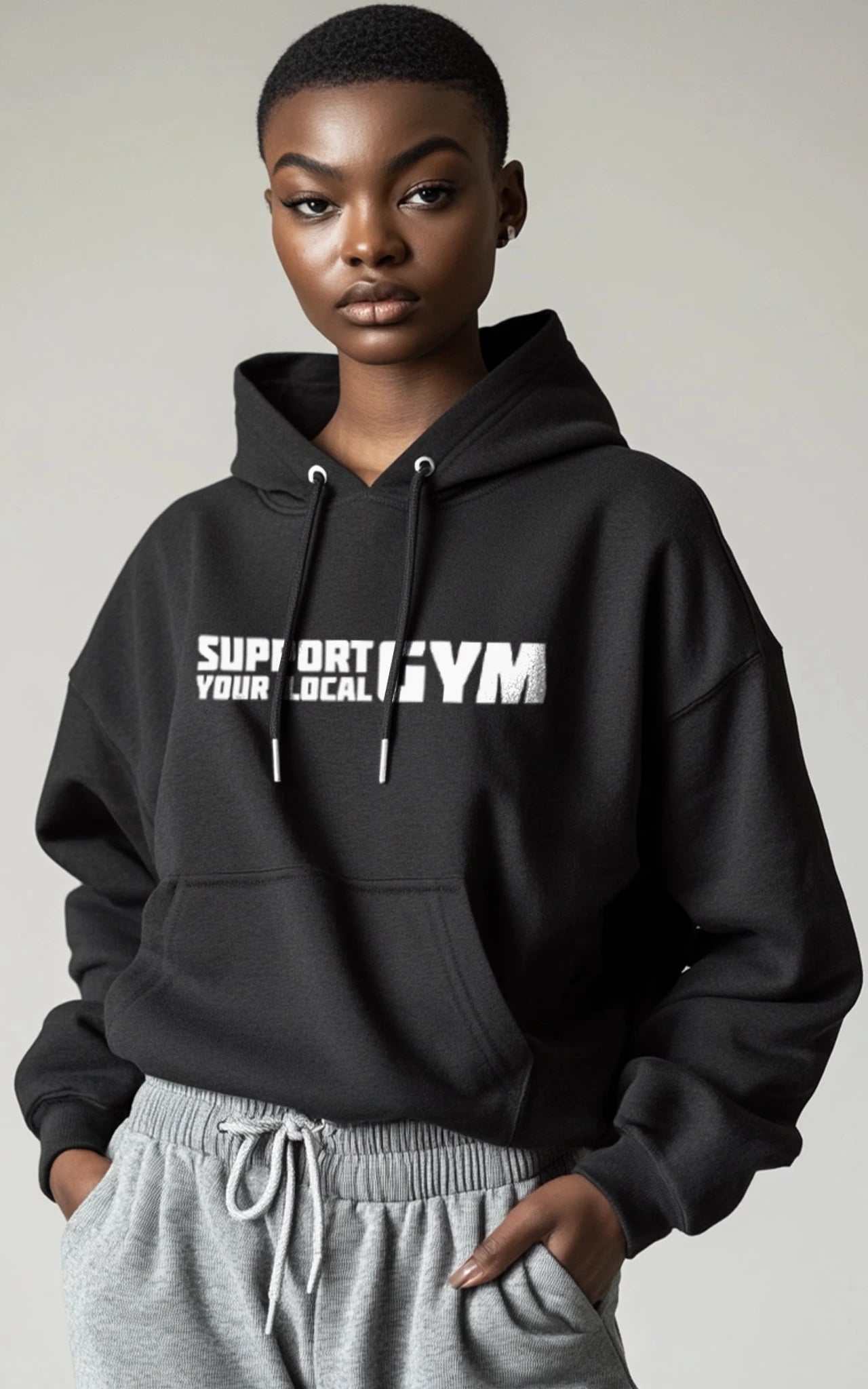 Support Your Local Gym Unisex Hoodie - Schwarzer Premium Kapuzenpullover mit Statement Print