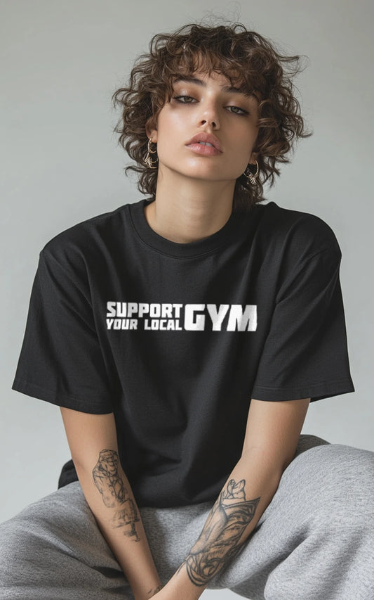 schwarzes Support Your Local Gym Statement T-Shirt aus Bio-Baumwolle