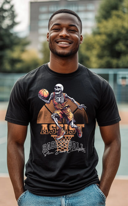 Basketballspieler trägt Basketball Skeleton T-Shirt auf dem Spielfeld