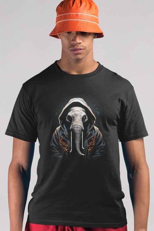 schwarzes Unisex T-Shirt Hooded Elephant Elefant trägt Hoodie