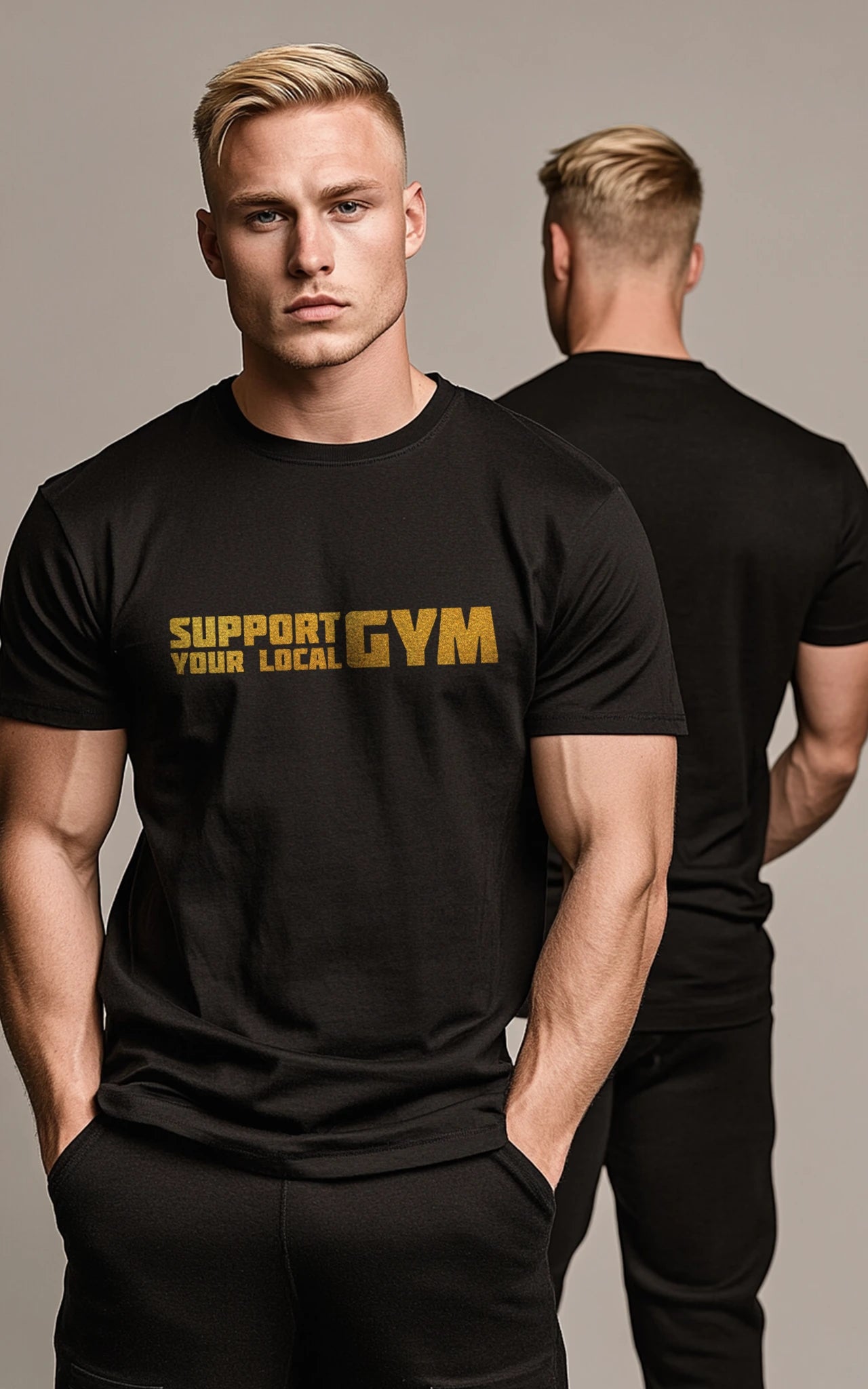 Support Your Local Gym T-Shirt in Schwarz mit goldenem Frontprint
