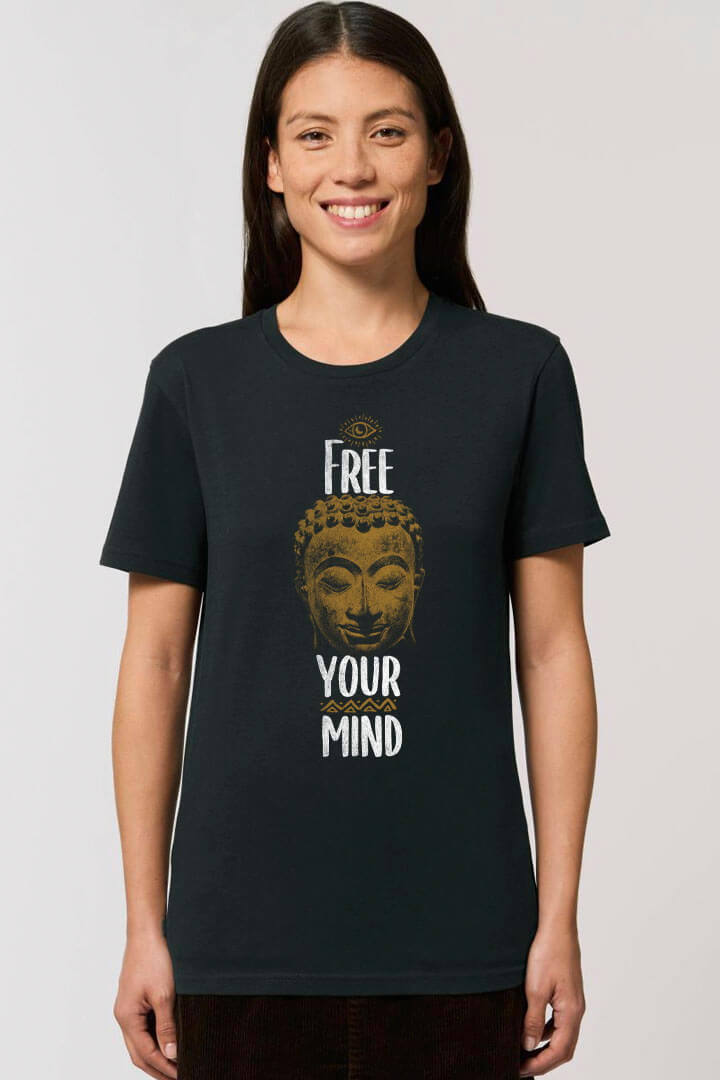 Free your Mind Buddha Yoga Damen T-Shirt schwarz