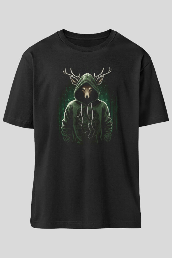 Hooded Animal Deer Hirsch Unisex T-Shirt schwarz